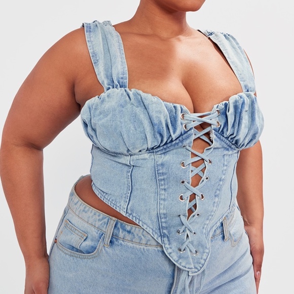 PrettyLittleThing Tops - PRETTYLITTLETHING plus vintage bleach wash ruched bust detail denim lace up
